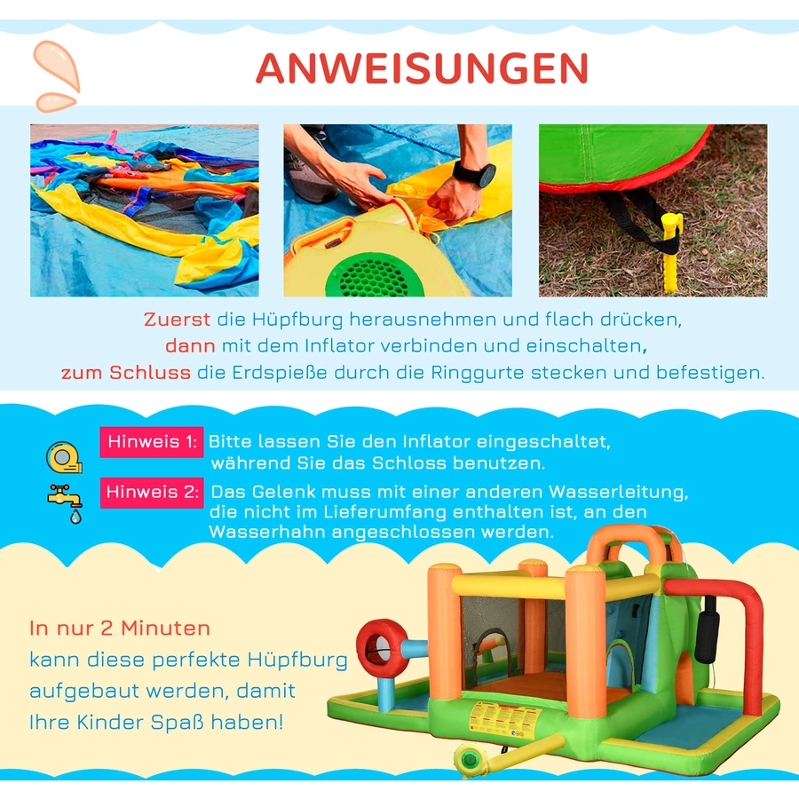 Outsunny Hüpfburg mit Wasserbecken, Boxpfosten, Rutsche und Tunnel bunt