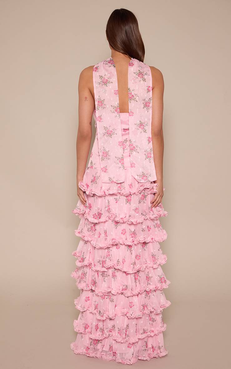 Rose Robe Maxi À Volants Étagés En Mousseline Florale À Imprimé Fleuri Ditsy