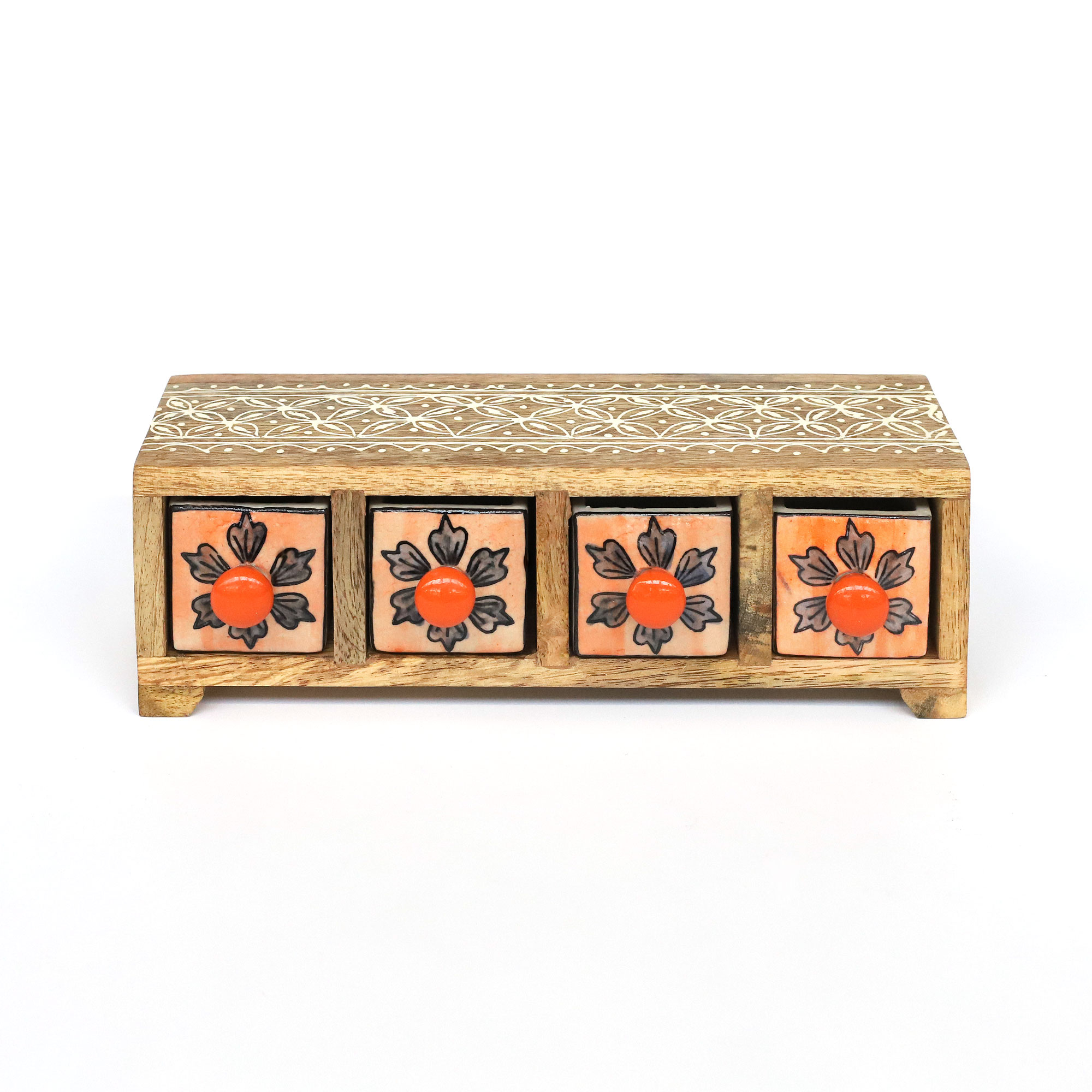 Schubladentruhe mit 4 Keramik-Schüben, natur, orange, B 29 cm, H 9 cm, L 9 cm von fischer's lagerhaus