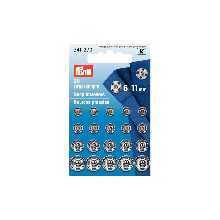 Prym-20 aannaaidrukknopen messing zilverkleurig 6 mm - 11mm