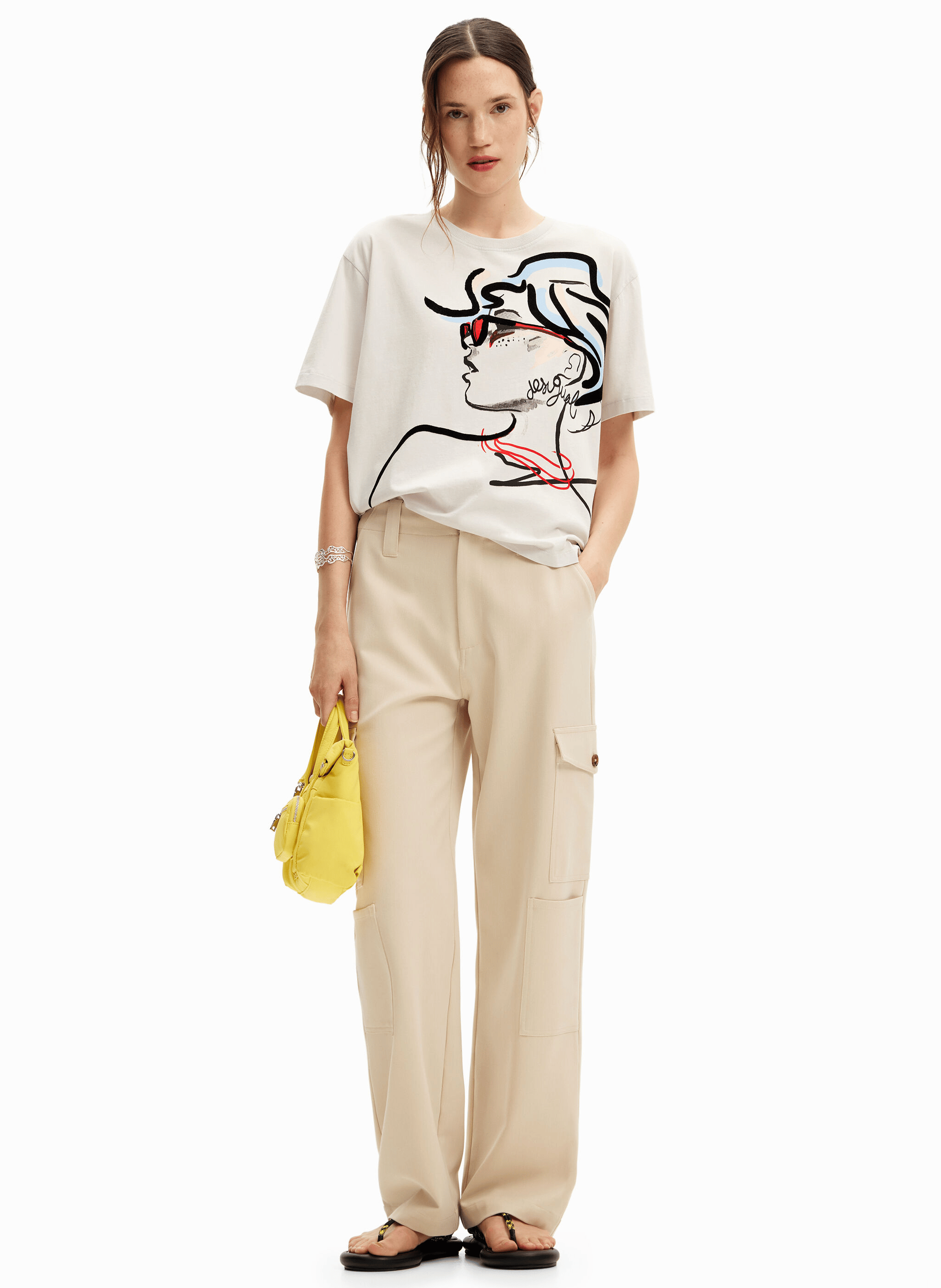 Tee-shirt col rond droit en coton sérigraphié | Blanc