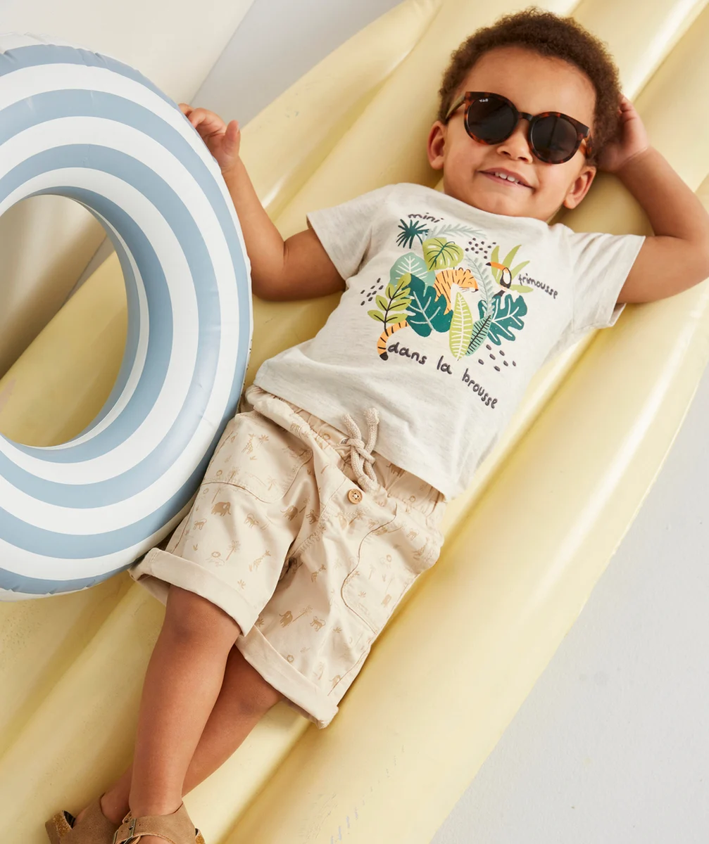 BERMUDA BÉBÉ GARÇON BEIGE IMPRIMÉ TROPICAL EN COTON
