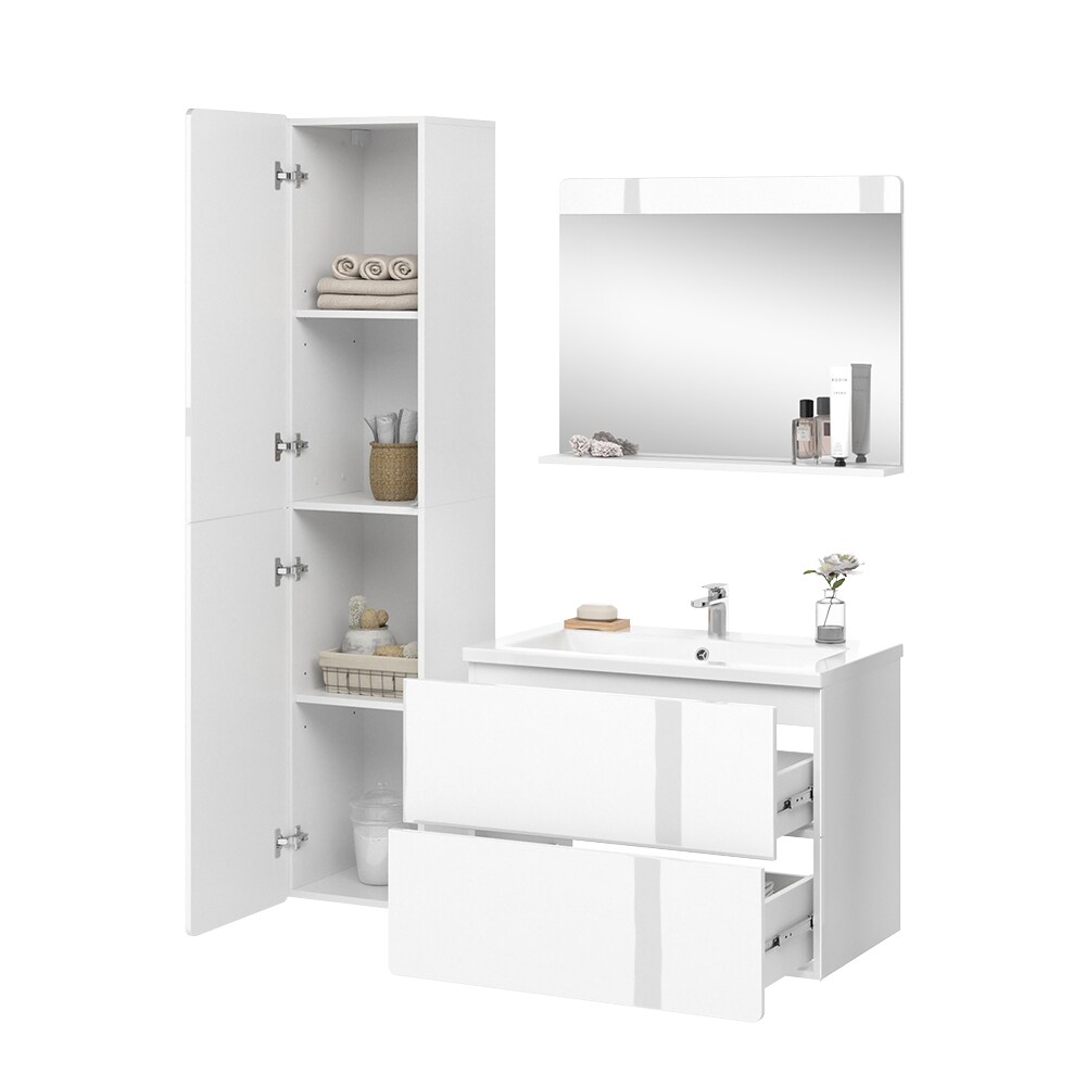 Vicco Badmöbel-Set Izan Weiß Hochglanz modern Waschtischunterschrank Waschbecken Badspiegel Hochschrank