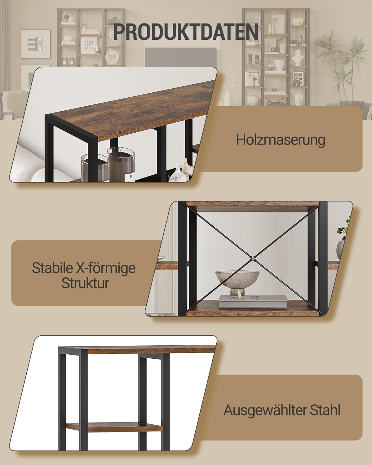 Hzuaneri Bücherregal, Standregal mit 7 Ebenen 18 Ablagen, Verstellbare offene Ablagen, für Wohnzimmer, Büro, Schlafzimmer, 30 x 100 x 202 cm, Vintagebraun-Schwarz, BC15601B HK1496340