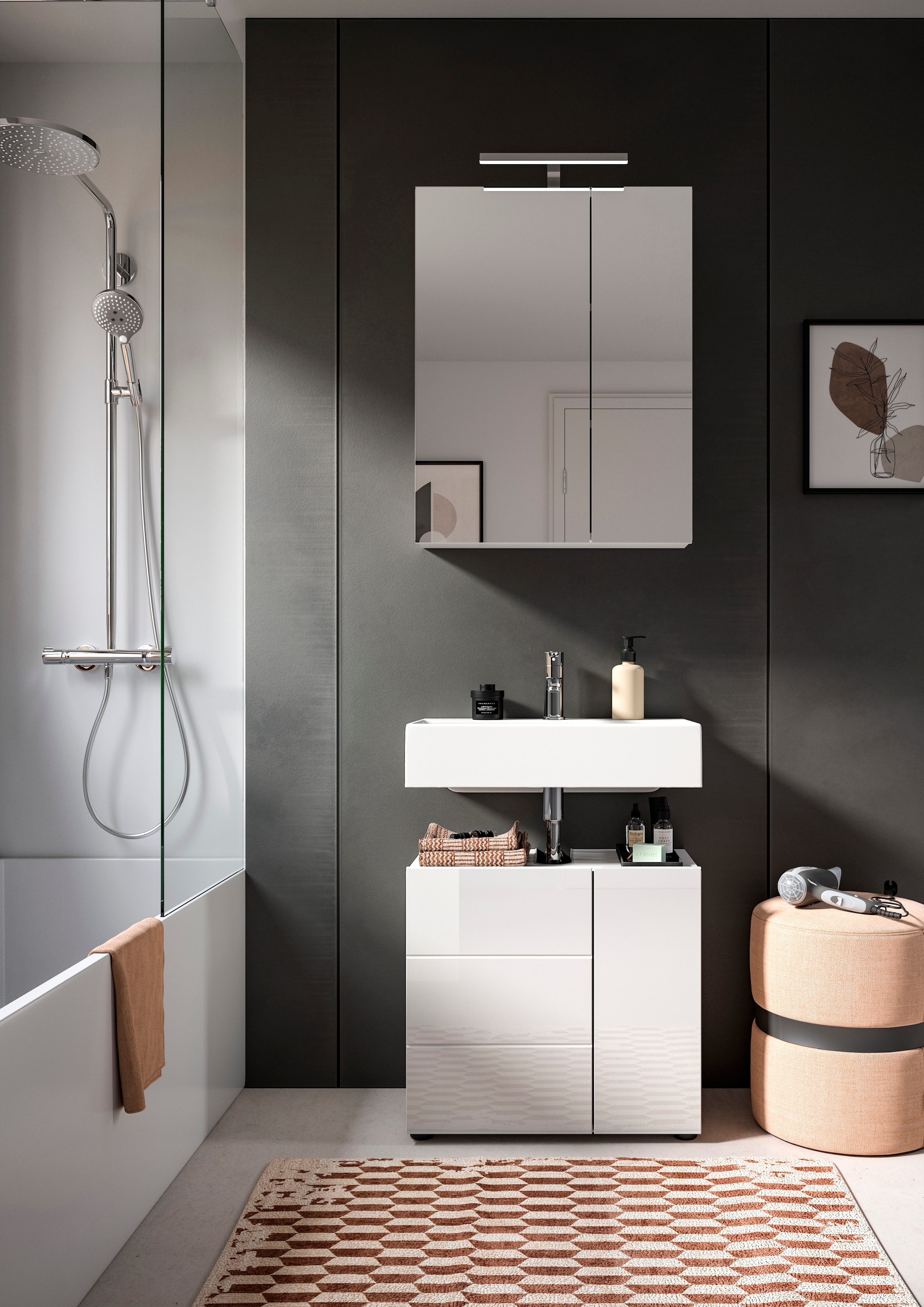 welltime Waschbeckenunterschrank »BIEL, TOPSELLER!, Breite 60 cm, 1 Tür, 2 Fächer, mit Siphonausschnitt« 1 Stk. tlg. Badmöbel, Badschrank, Schrank, Unterschrank, Bad, Badezimmer
