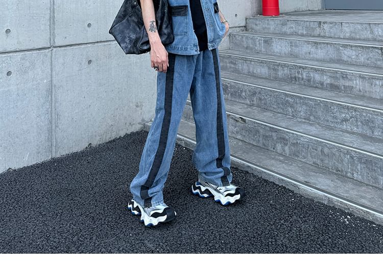 Naideth - Hoge taille, tweekleurige wijde pijpen jeans / vest met knoopjes / set