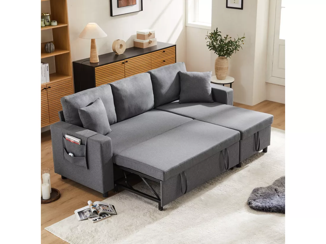 Canapé 3 places convertible en tissu lin - avec rangement et poches latérales - Gris