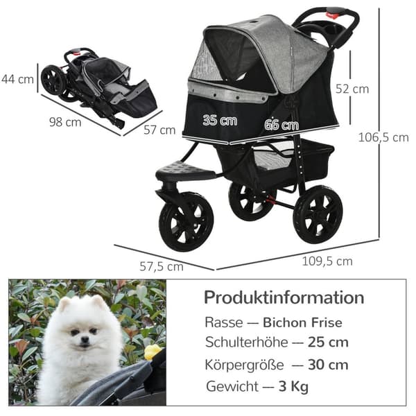 Dog Buggy Praktisk Kjæledyrvogn Med 3 Hjul, Sammenleggbar, Ideell For Hunder Og Katter, Oxford, Grå+Svart, 109,5X57,5X106,5Cm