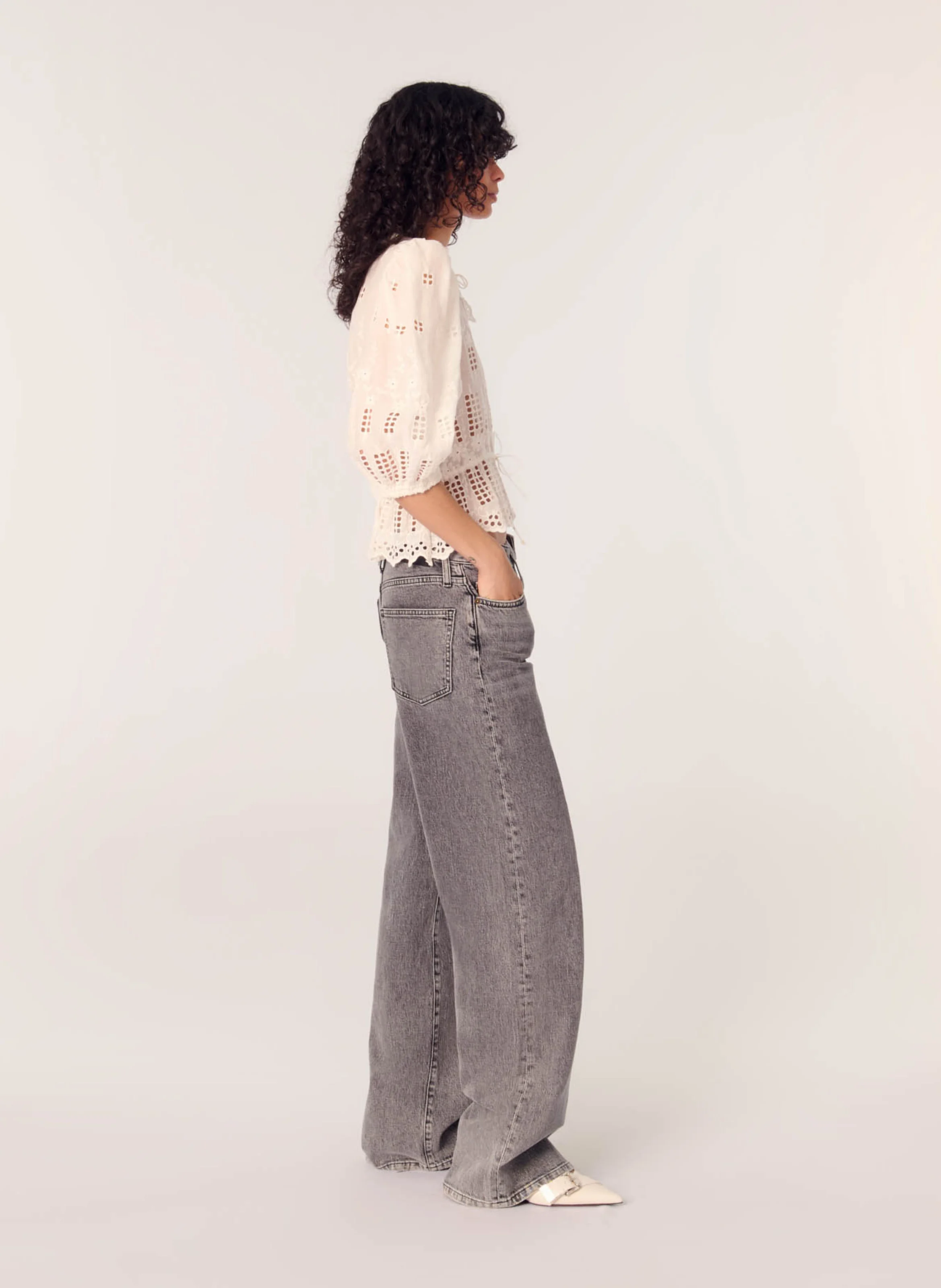 Blouse ample brodée à col claudine | Blanc