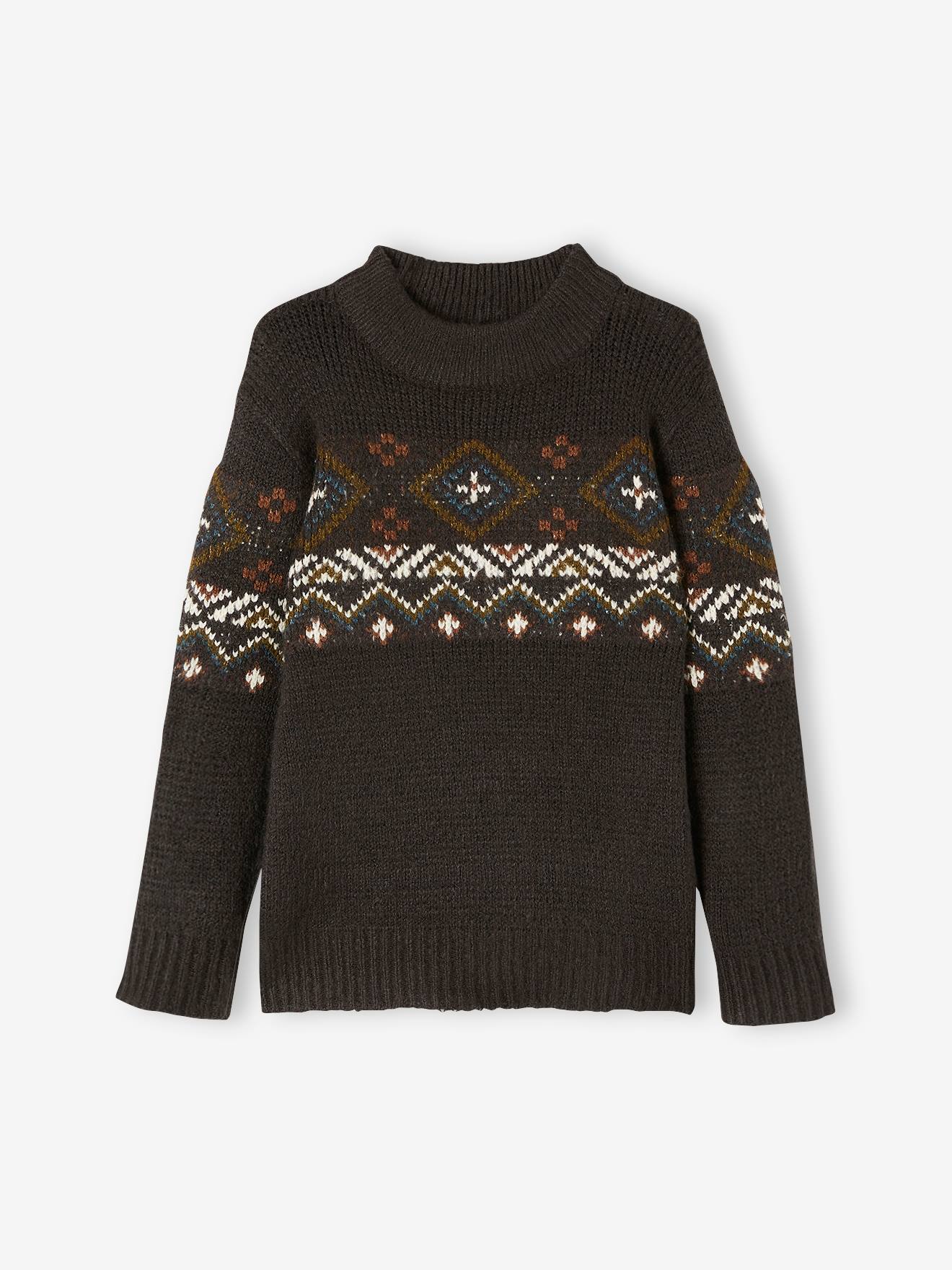 Suéter infantil preto liso em jacquard, tamanho médio, com estampas.