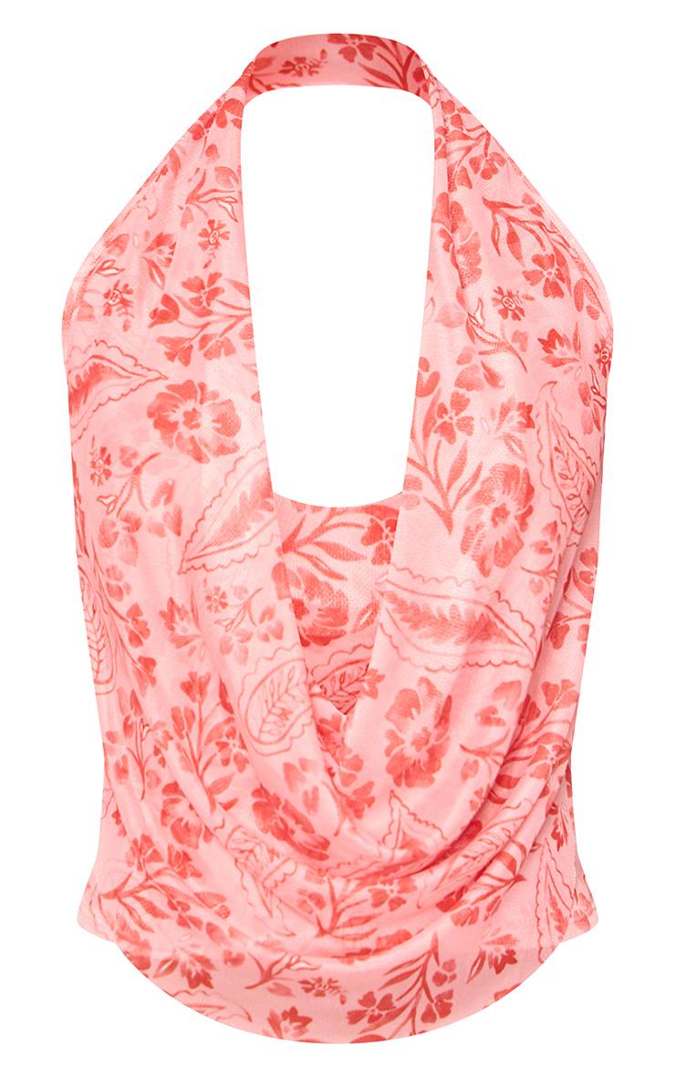 Rose Haut Dos Nu À Col Licou En Mesh Imprimé Paisley