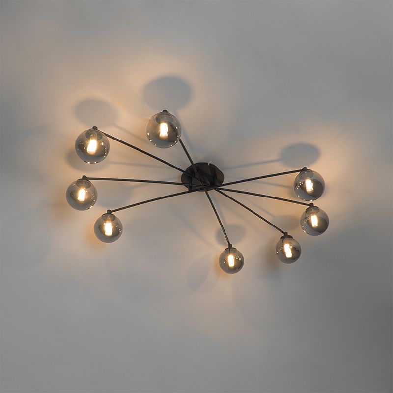 Moderne plafondlamp zwart 8-lichts met smoke glas - Athens