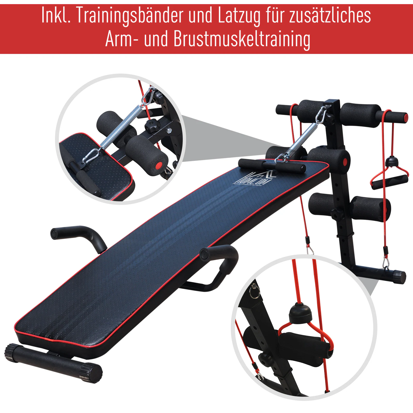 HOMCOM Sit-Up-Bank mit Widerstandsbänder schwarz, rot 137,5 x 55,5 x (50–68) cm (LxBxH)