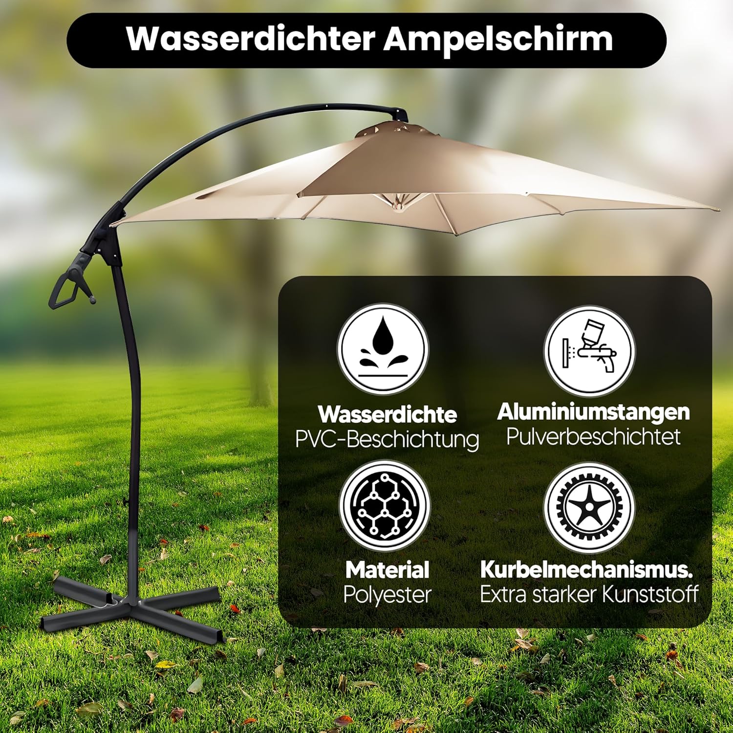 habeig WASSERDICHT Ampelschirm 250x250cm quadratisch durch PVC-Beschichtung Schirm Sonnenschirm Marktschirm Gartenschirm