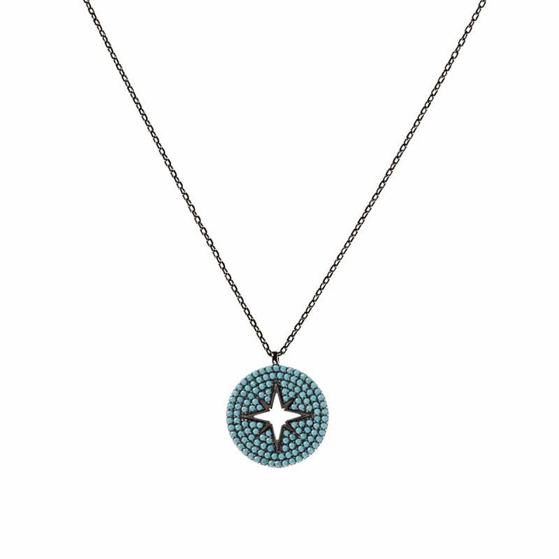 Collier Argent Noir Médaillon Rose Des Vents