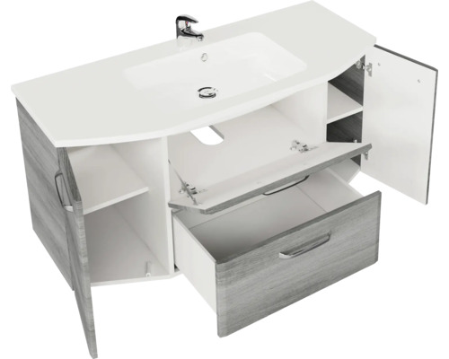 Pelipal Quickset 328 badkamermeubelset, afmetingen (B x H x D): 145 x 200 x 39 cm, fronten in grafietstructuur (horizontaal patroon), met wastafel van mineraalglas en hoge kast (328.120002).