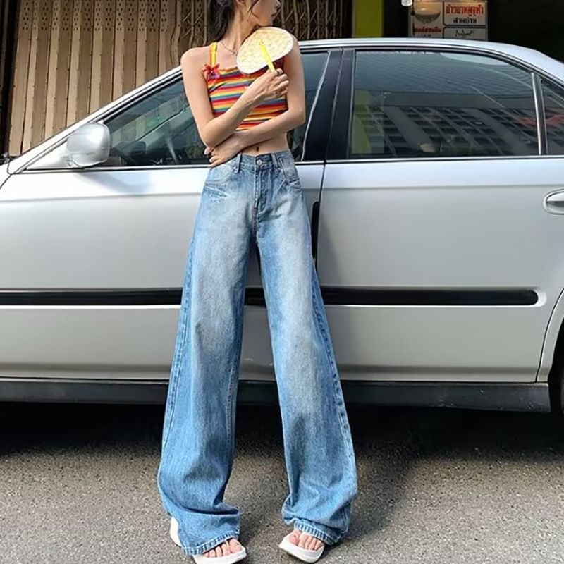 CRIBI - Mid Rise Washed Wide Leg Jeans
