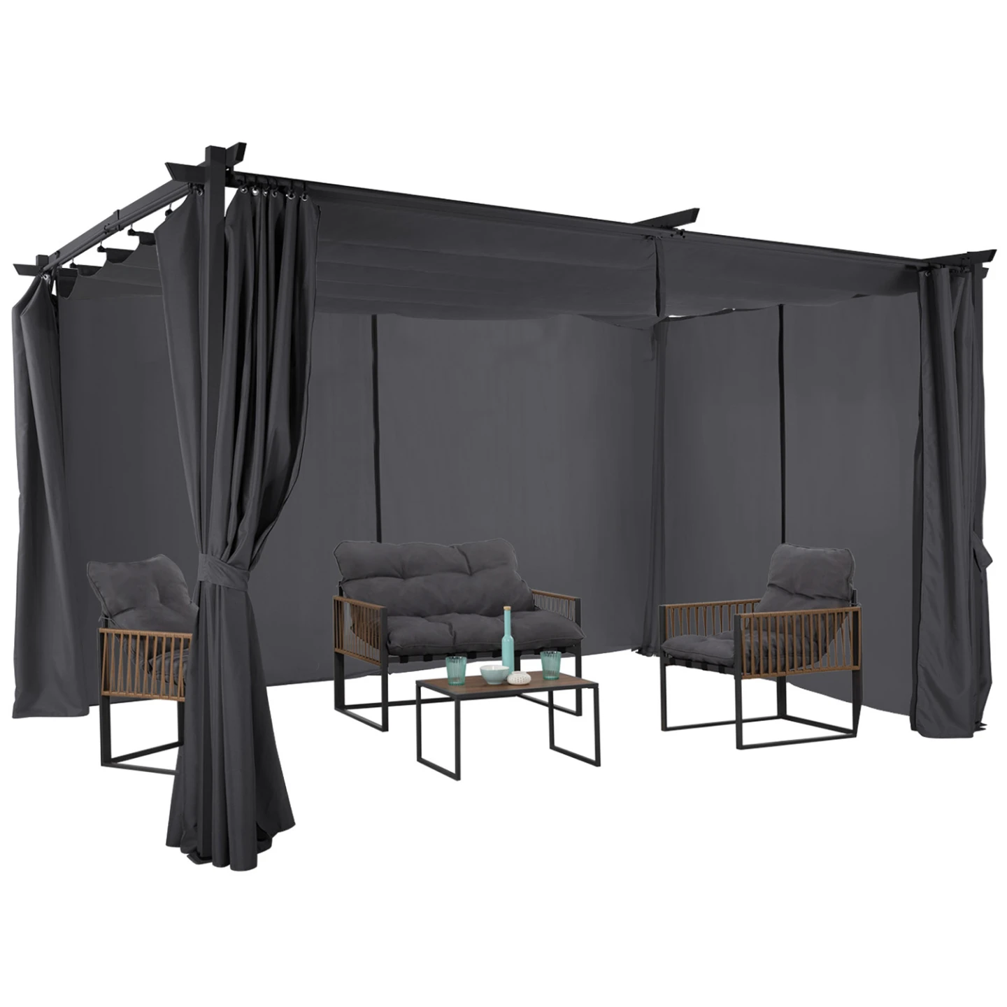Pergola édition limitée toit rétractable 3x4 M et 4 rideaux gris anthracite