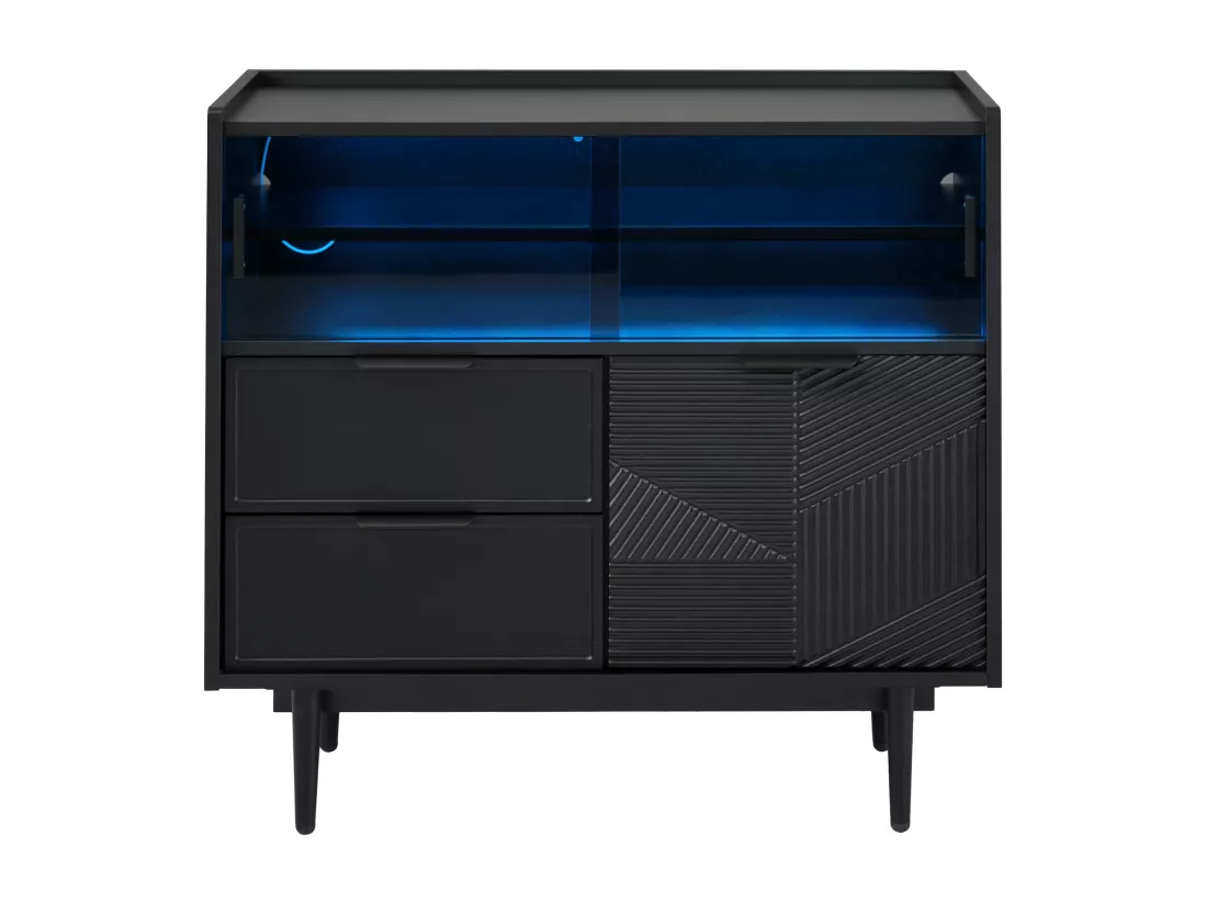 Buffet, vitrine avec 2 tiroirs, 1 porte en bois et 2 portes coulissantes en verre - 80 x 35 x 80 cm - Bois MDF - Noir