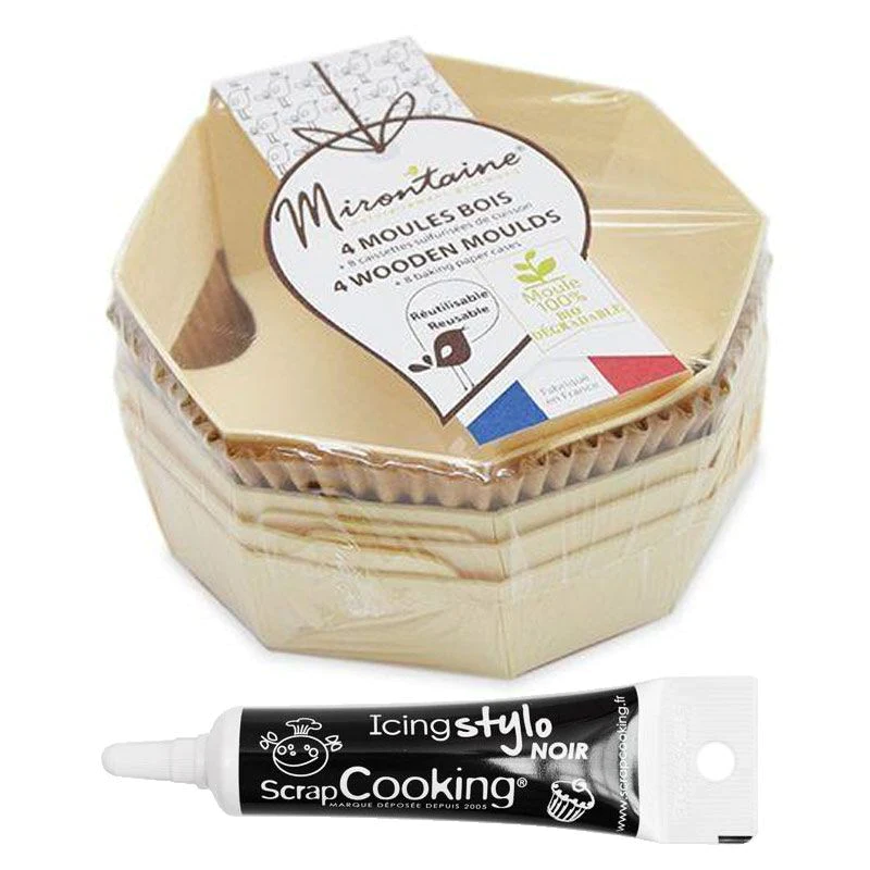 4 moules en bois ronds + 8 caissettes de cuisson + Stylo de glaçage no