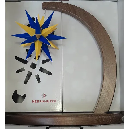 Herrnhuter Sterne Sternenbogen, A1e blau/gelb Edition Oberlausitz, nussbaum-gebeizt