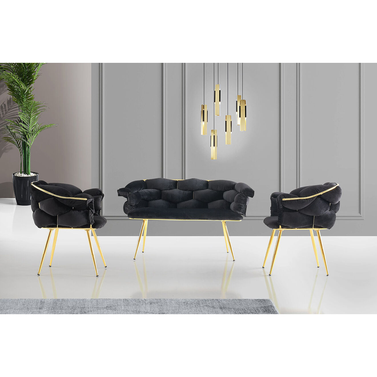 Wooden Art Canapé + 2 Chaises Balon noir/doré