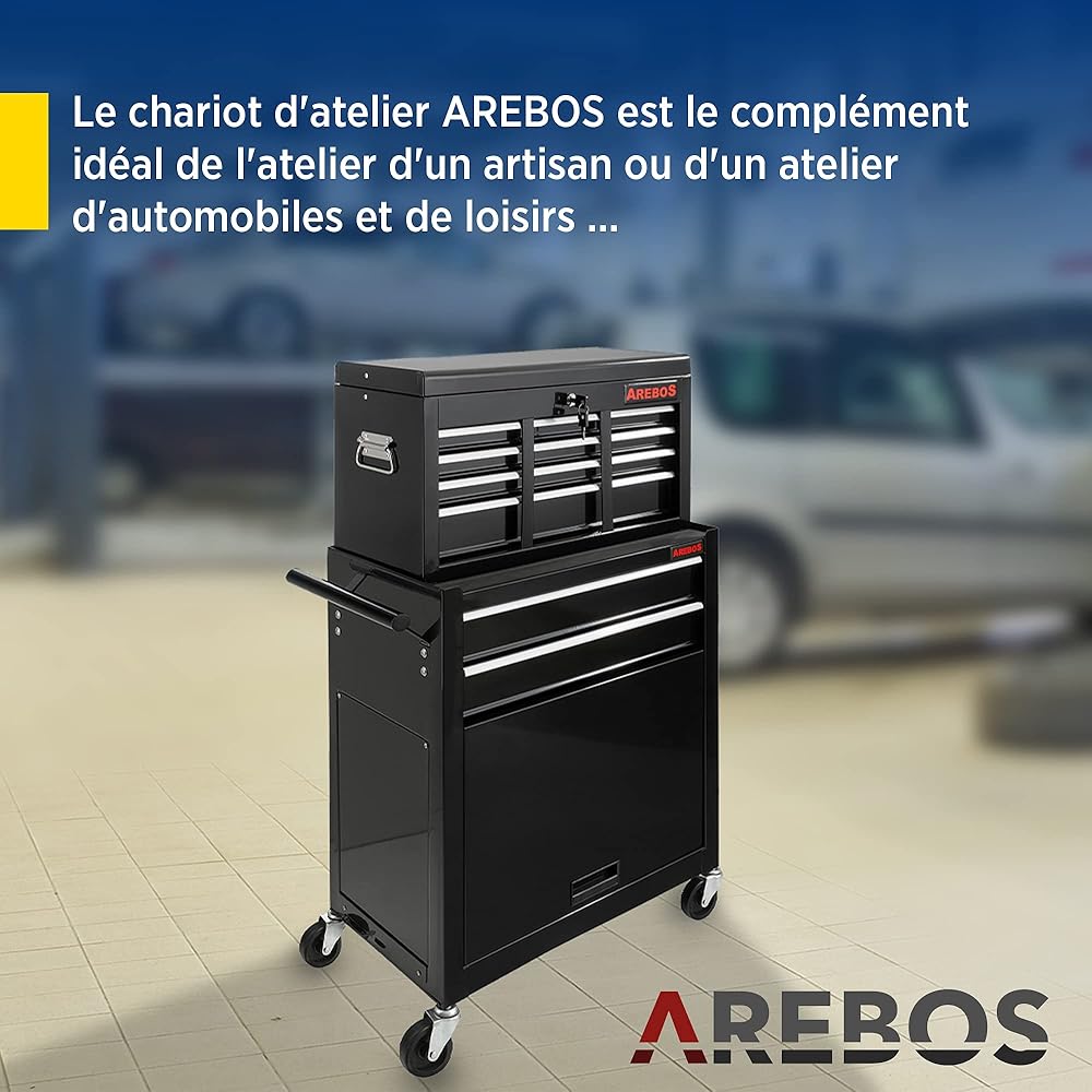 AREBOS Servante d'atelier à 9 tiroirs | Tapis antidérapants | Chariot avec Caisse à Outils Amovible | Verrouillable | sur roulement à Billes | Freins d'arrêt | Noir | 71x 67 x 37cm : Bricolage