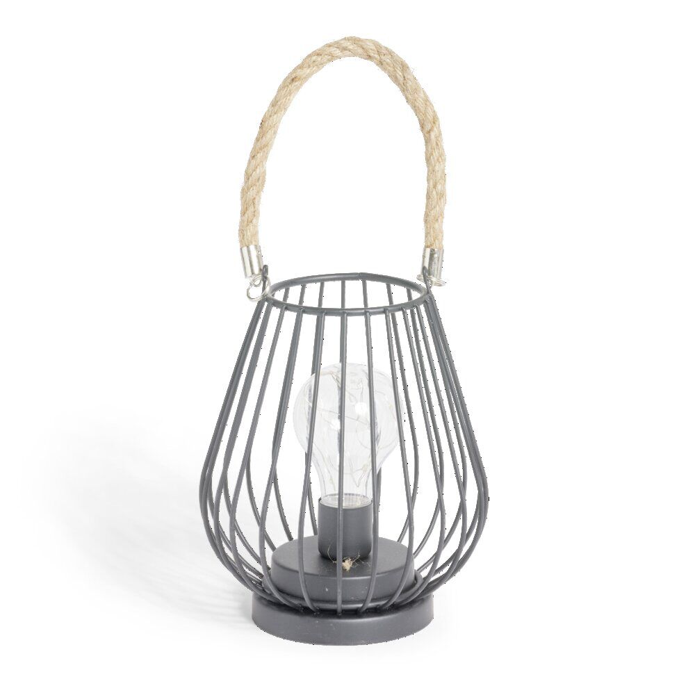 Lanterne LED ajourée métal noir poignée jute Ø15xH18cm