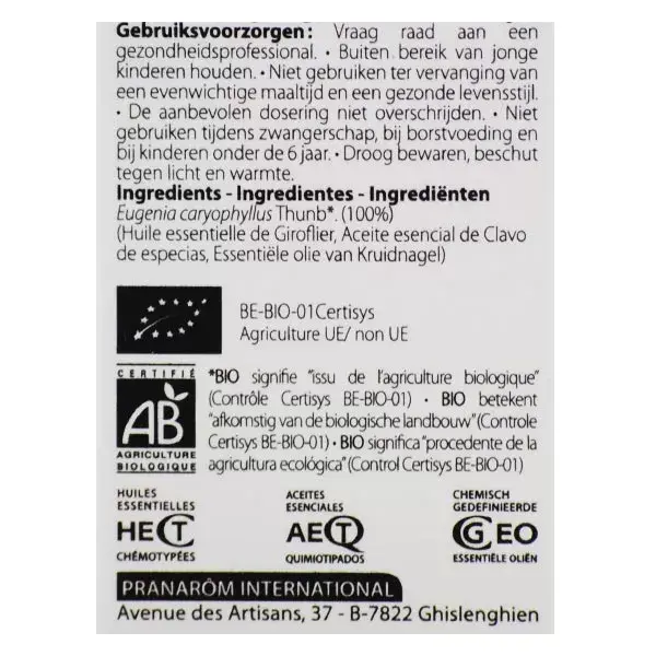 Óleo Essencial de Cravo Orgânico Pranarom 10ml
