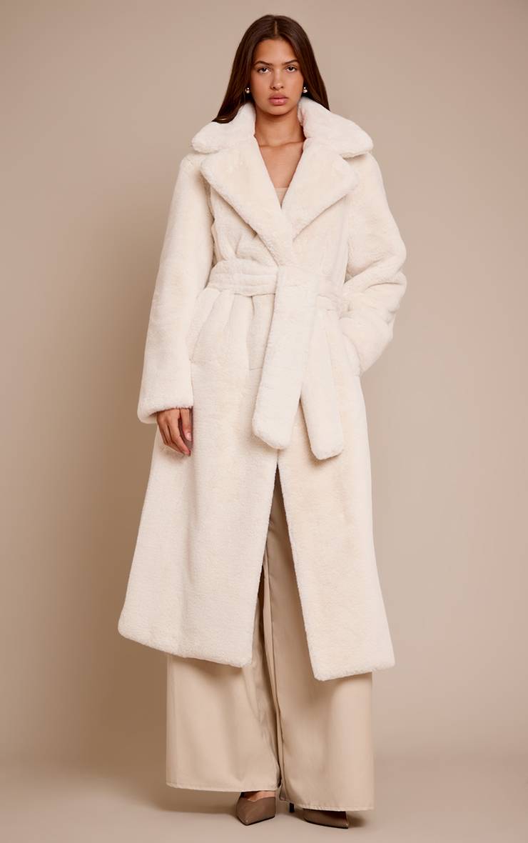 Crème Manteau Long En Synthétique Avec Ceinture À Nouer