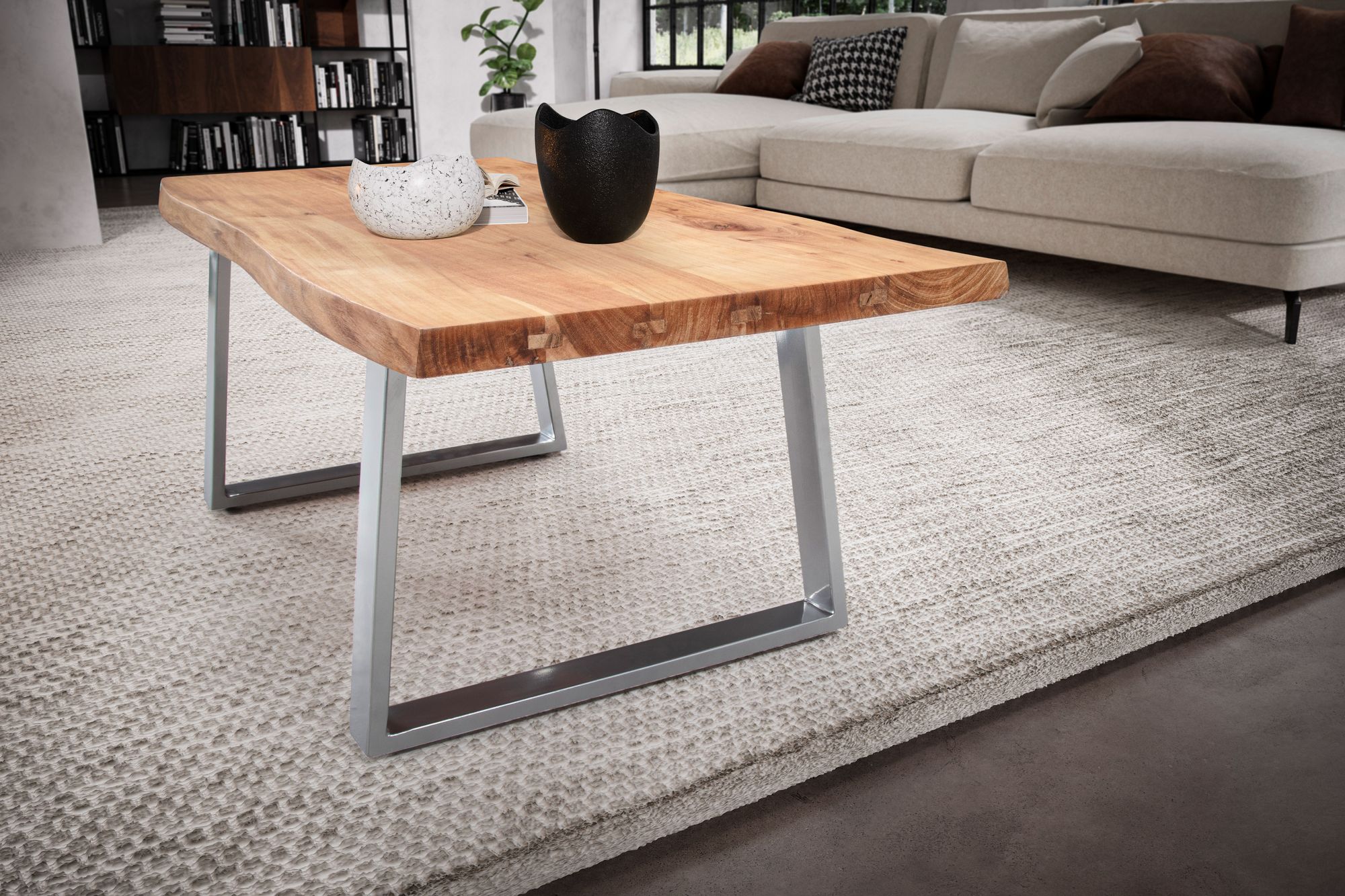 Couchtisch FineBuy Sofatisch 120 cm Massivholz Chrom Wohnzimmertisch Baumkante