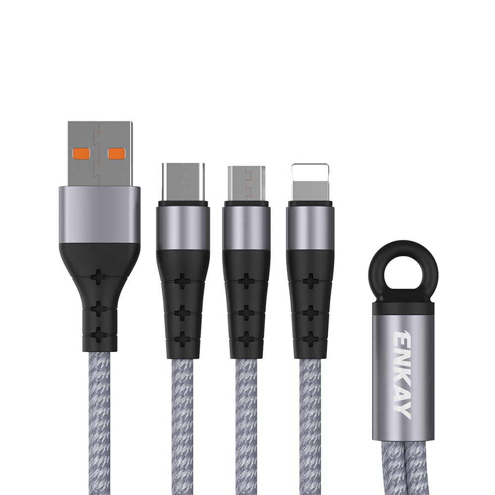 (14cm) 15W 3in1 USB A auf USB C / Lightning / Micro USB Ladekabel Nylon Datenkabel - Schwarz