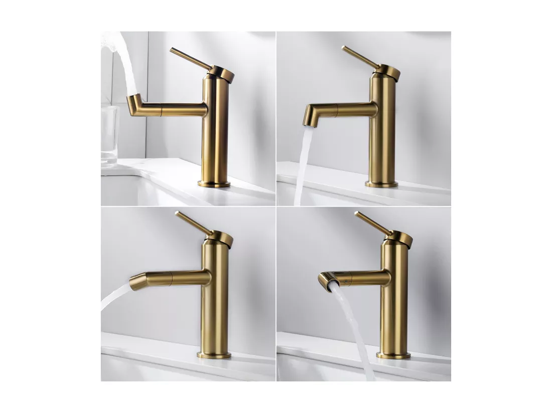 2pcs Robinet de Lavabo Bec Rotation 360°, Mitigeur à Eau Chaude et Froide pour Vasque, Robinet de Salle de Bain avec Barboteur Démotable, Doré