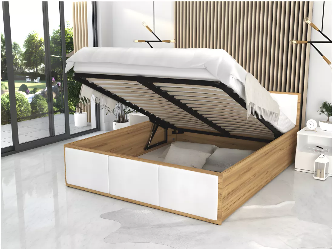 Lit Panama T 140x190 + coffre - Sommier inclus Chêne - Blanc