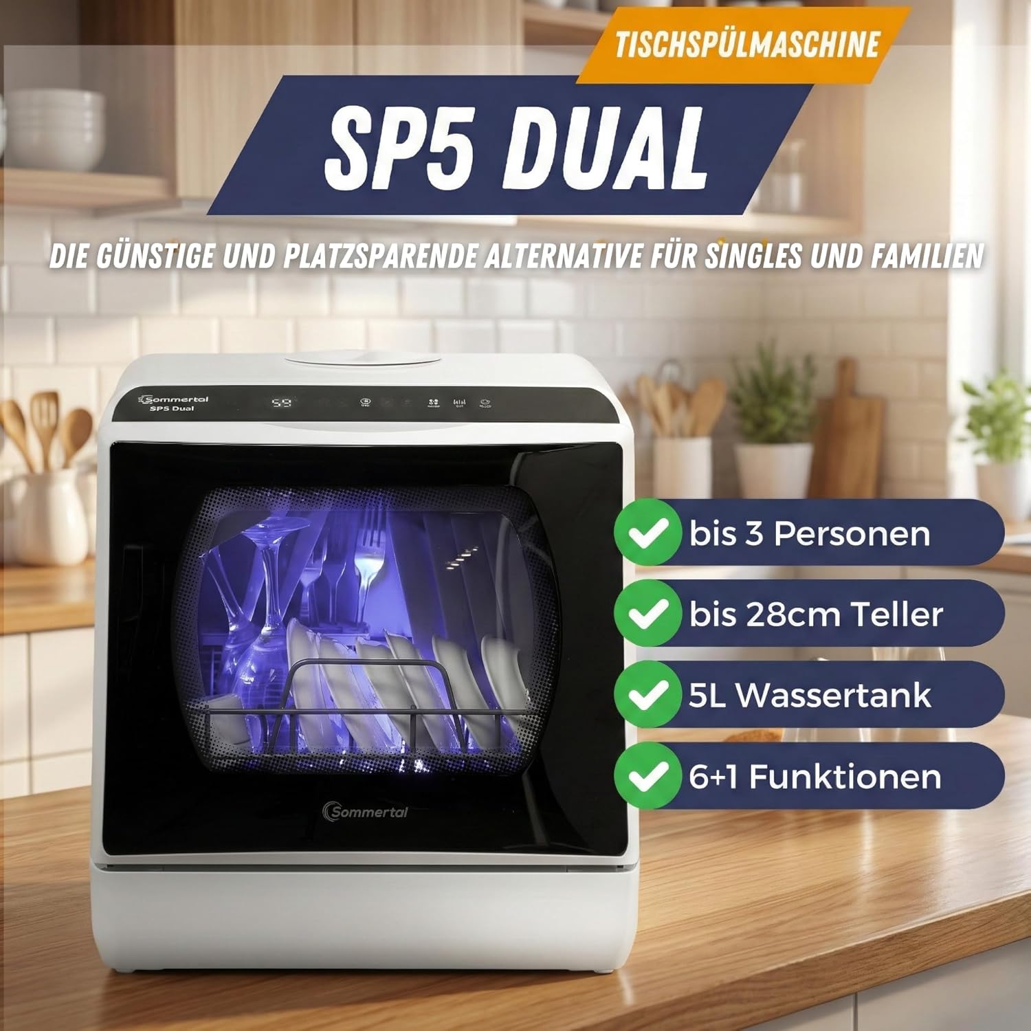 SP5 Mini Geschirrspüler | Tischgeschirrspüler für 1 bis 3 Personen | bis 28cm Teller | 6+1 Funktionen | Kleine kompakte Spülmaschine | freistehend, LED, Touch, 5L Wassertank & Festanschluss