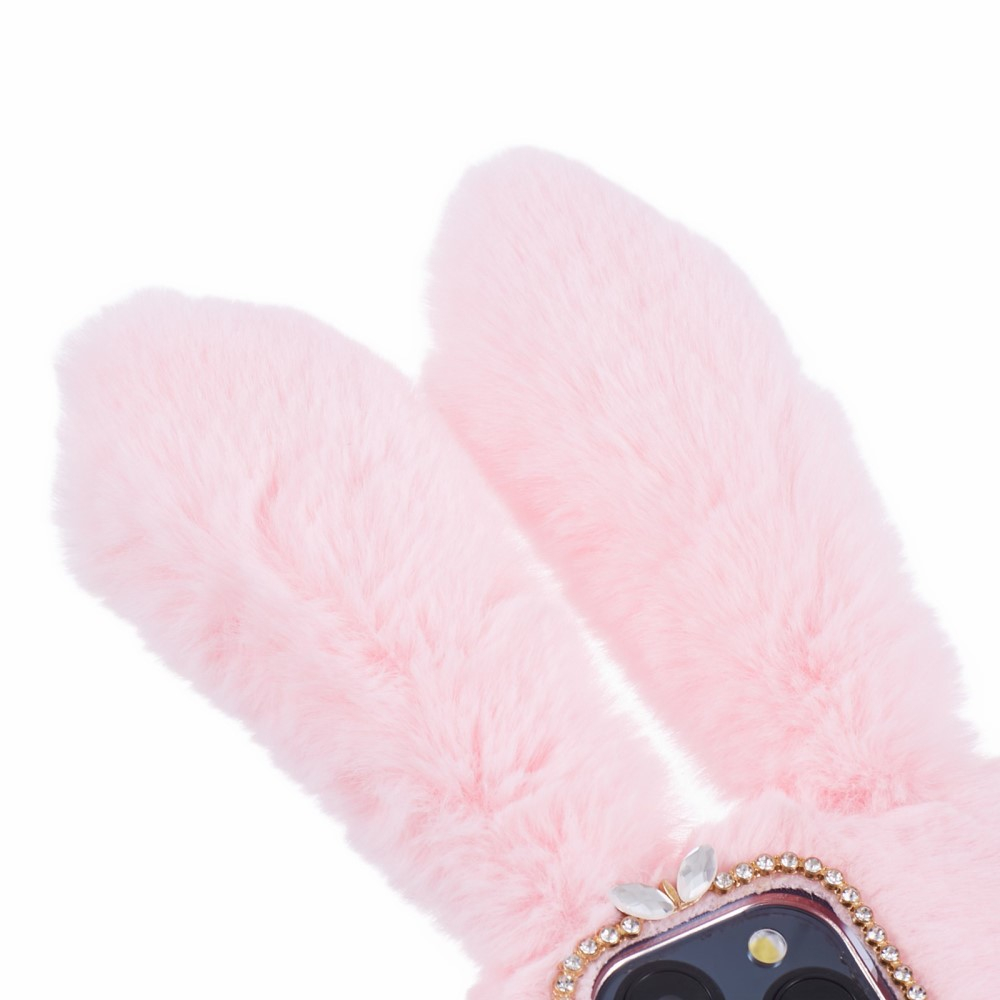 iPhone 15 Pro 3D Gummi Plüsch Case Hülle Bunny mit Flauschigen Hasenohren - Rosa