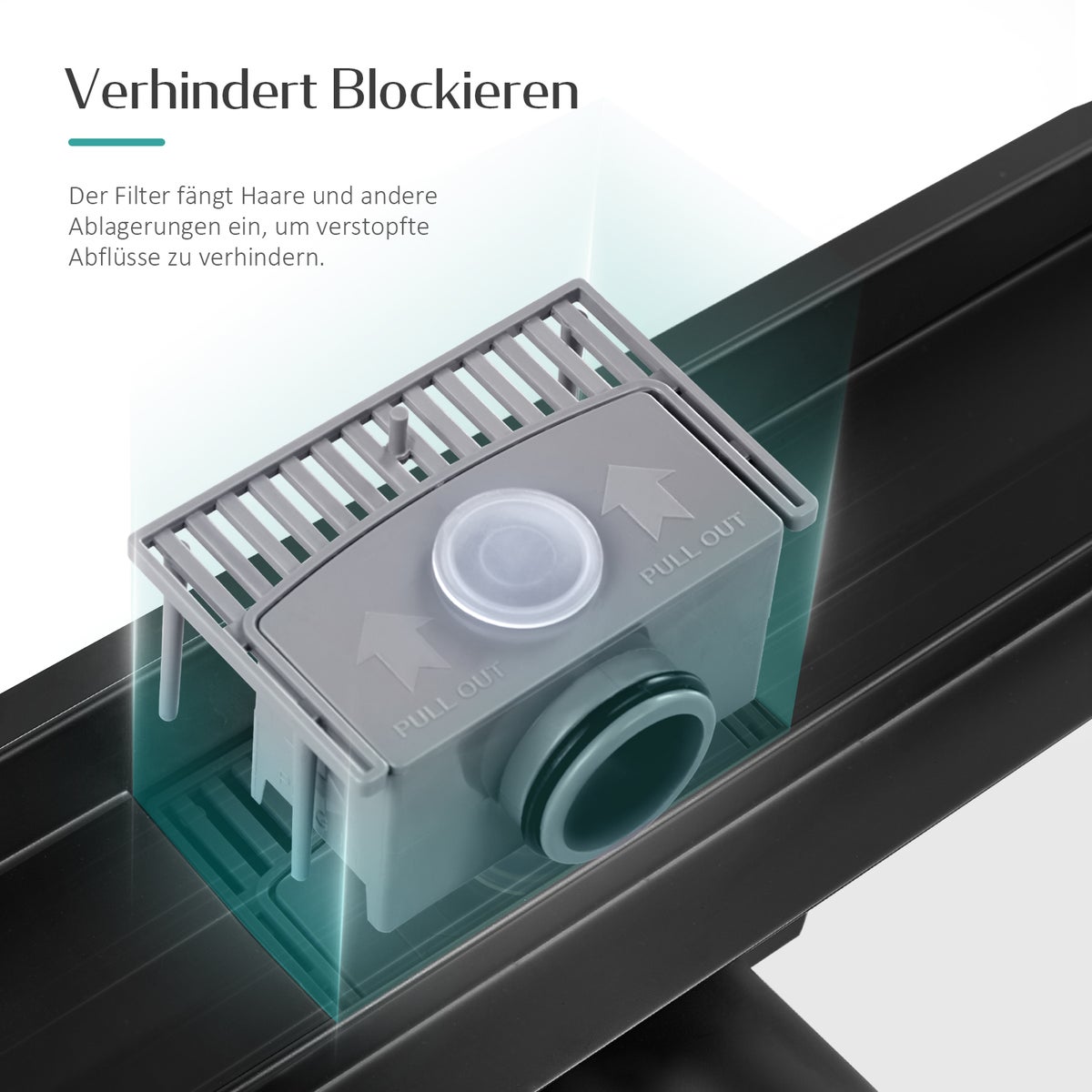 EMKE RVS doucheafvoer 2-in-1 complete set, 500 mm, betegelbaar, extra plat, zwart met haarzeef en sifon - Standaardmaat adapter 40/50 mm, installatiehoogte 77-96 mm, waterstroom 30 l/min.