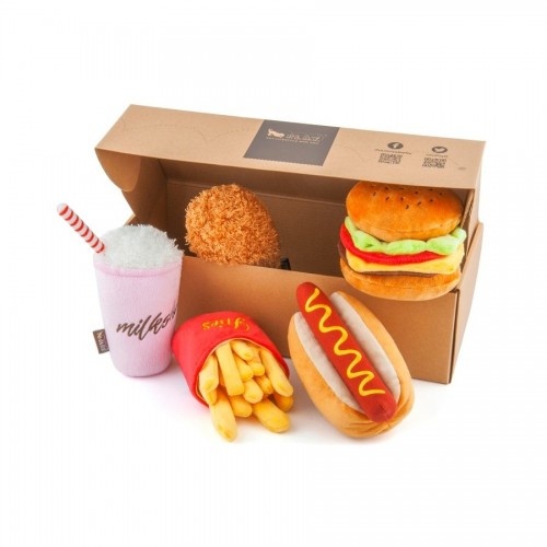 Kit PLAY Pet Lifestyle com 5 brinquedos de pelúcia e ração clássica americana para cães.