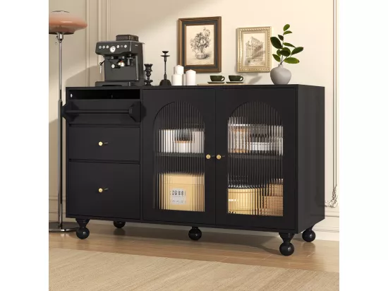 Buffet de salle à manger noir avec longues portes en verre arc-en-ciel et porte-serviettes design, meuble moderne multifonctionnel