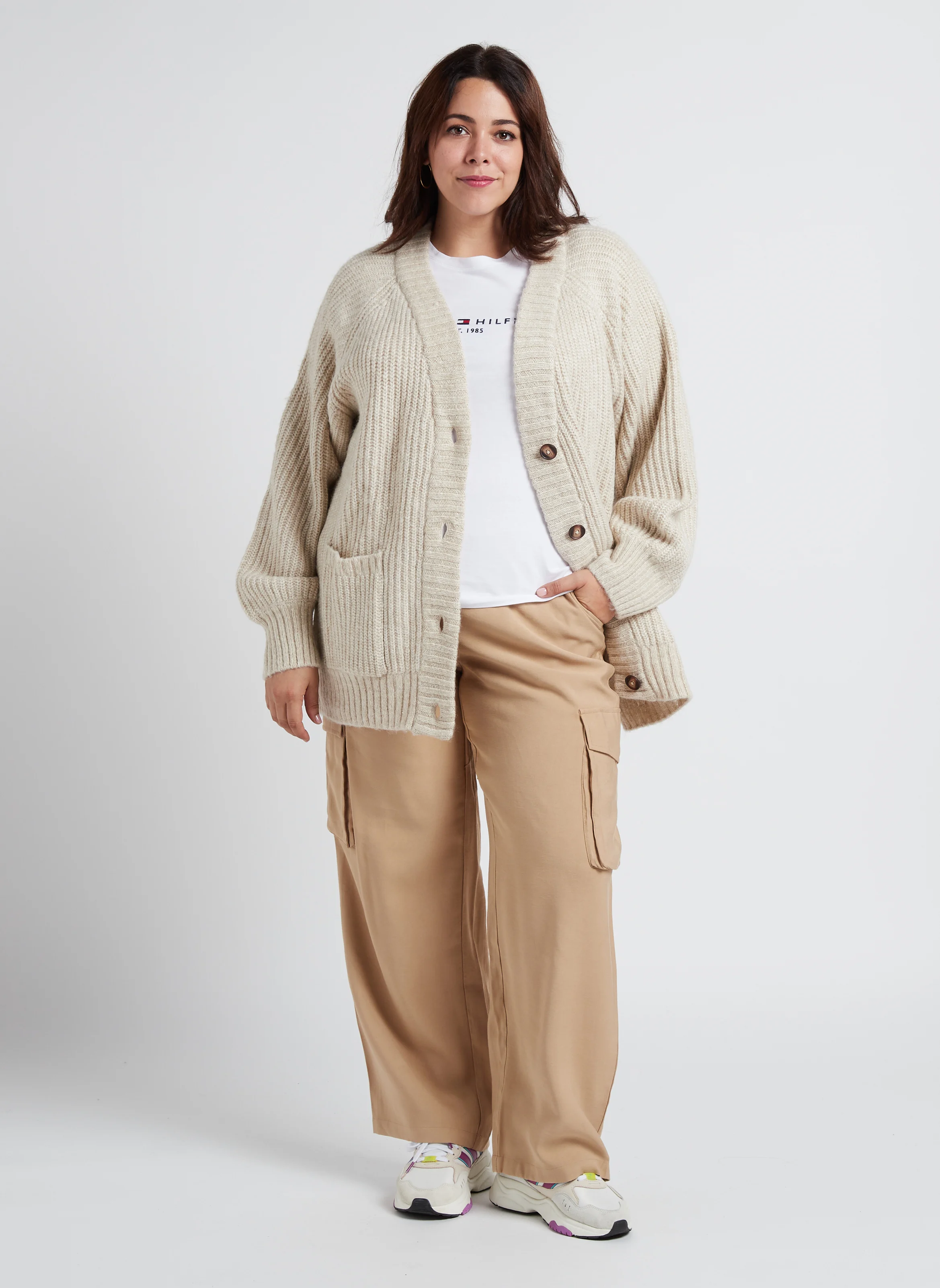 Cardigan oversize col V boutonné | Beige