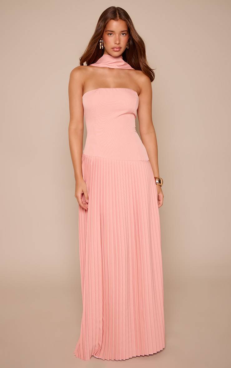 Rose Robe Maxi Plissée Asymétrique En Tissu Tissé