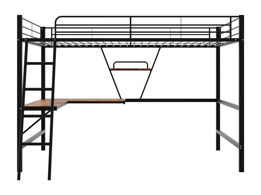 90x200cm cadre de lit lit lit en métal, lit mezzanine avec table en l et étagères pour enfants, adolescents et adultes, noir