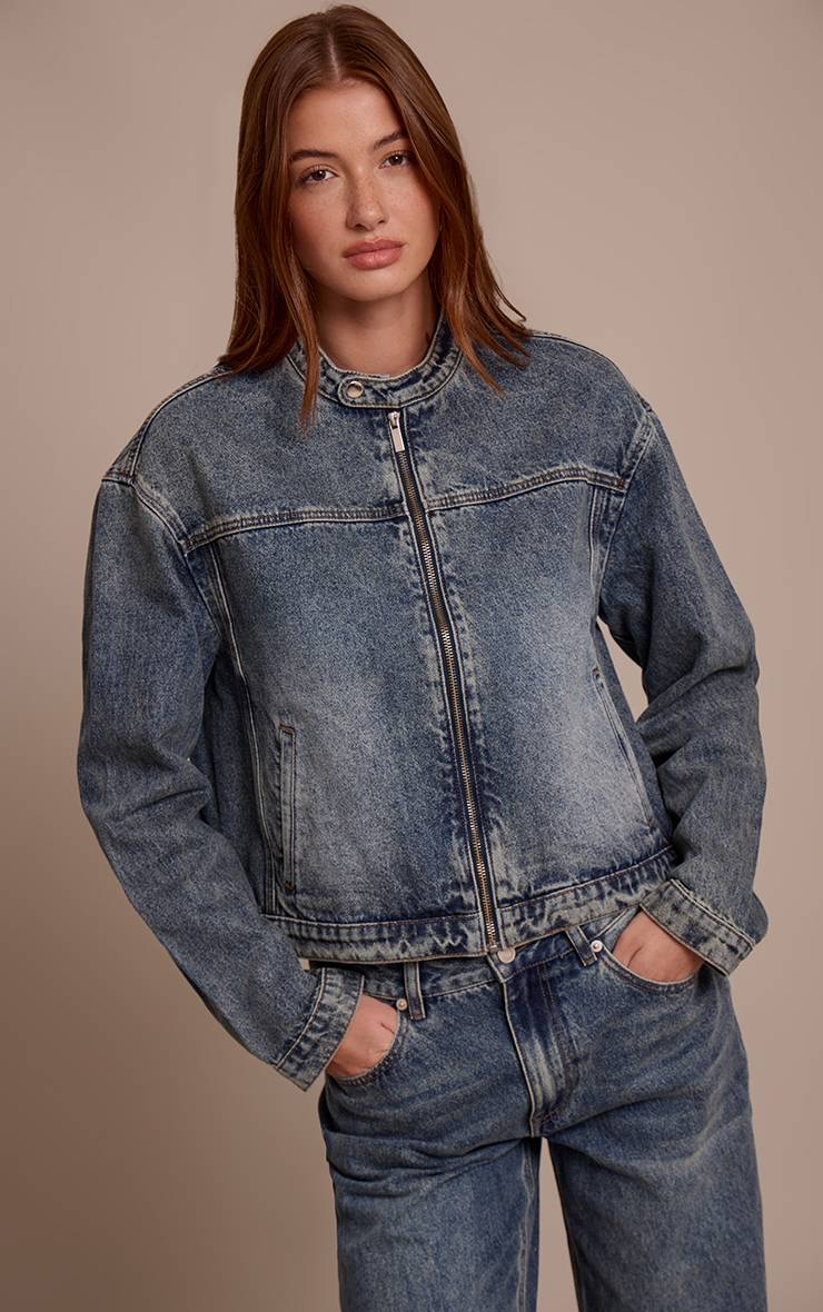 Délavage Vintage Veste En Denim Ample À Col Motard