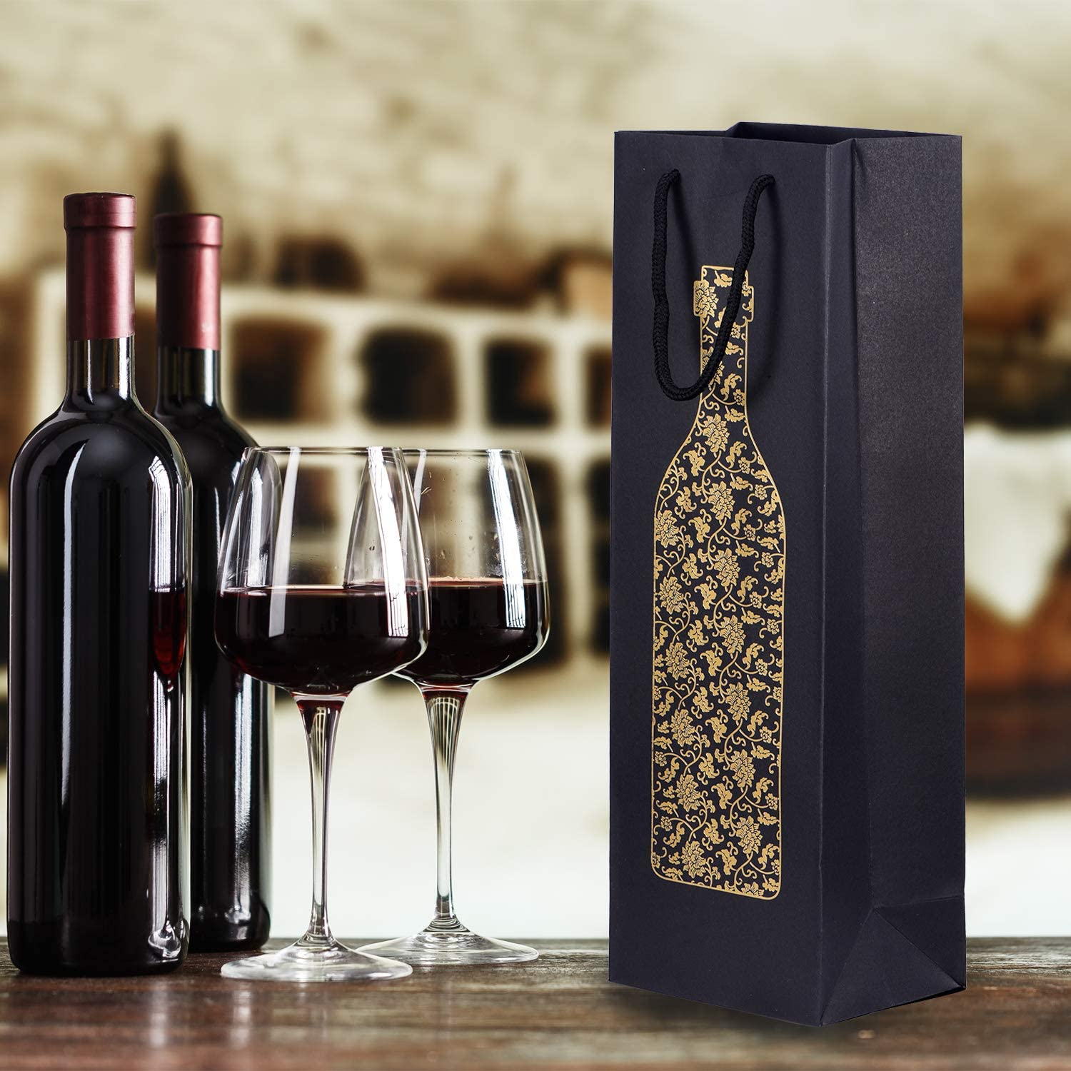 (10er Set) Papier Wein Flaschen Tasche Flaschenträger Geschenk Tüte für Champagner / Wein / Sekt - Schwarz