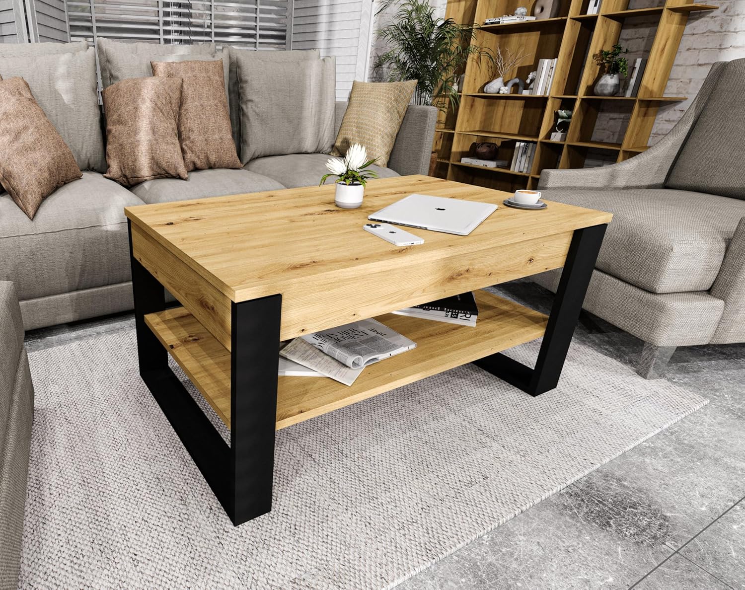 Couchtisch mit anhebbarer Platte | Höhenverstellbarer Wohnzimmertisch mit Stauraum | Sofatisch Eiche Artisan Schwarz modern mit Ablage & verstecktem Fach – Coffee Table für Wohnzimmer & Büro