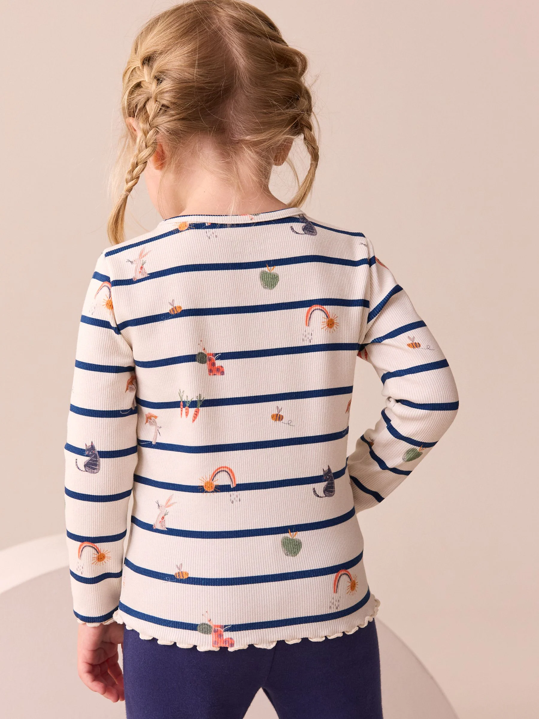 Ecru/Navy Stripe Character - Geribbeld T-shirt met lange mouwen (3mnd-7jr)