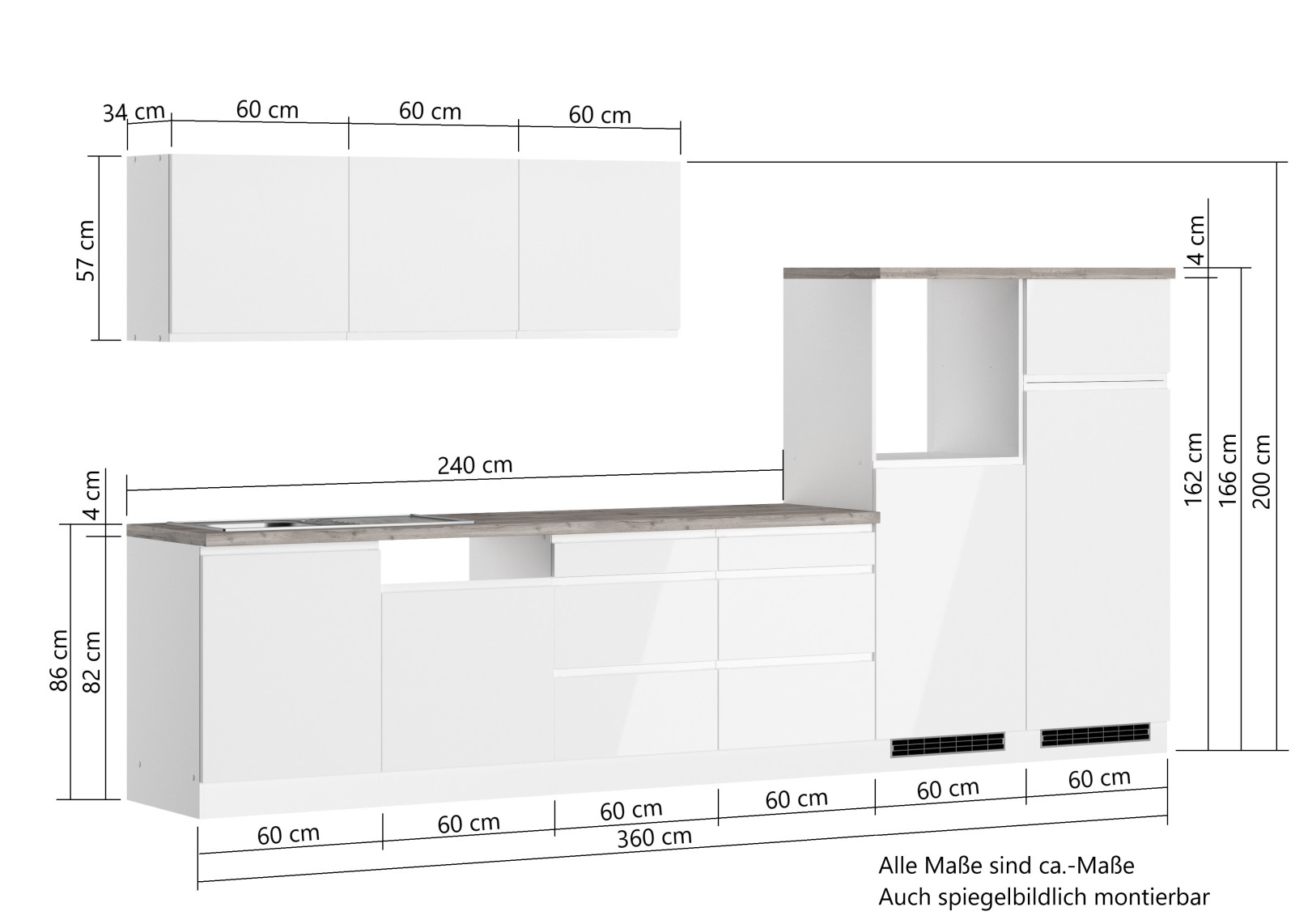Küchenblock MONZA - weiß Hochglanz - Wotaneiche - 360 cm