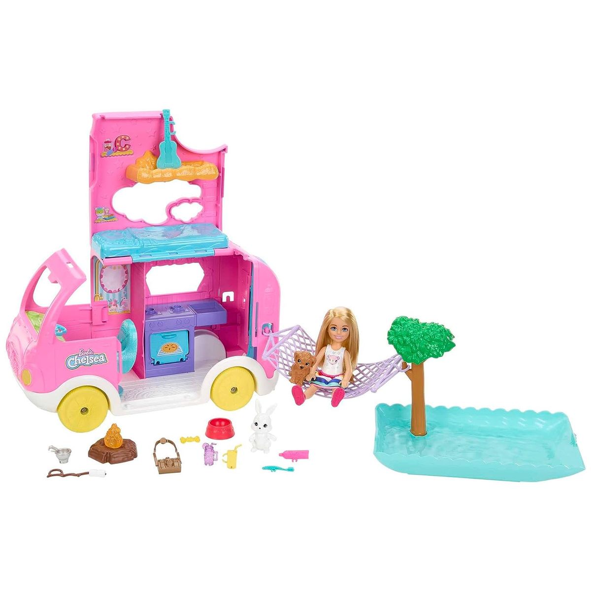 Mattel HNH90 - Barbie Chelsea - Spielfahrzeug mit Zubehör, 2 in 1 Camper
