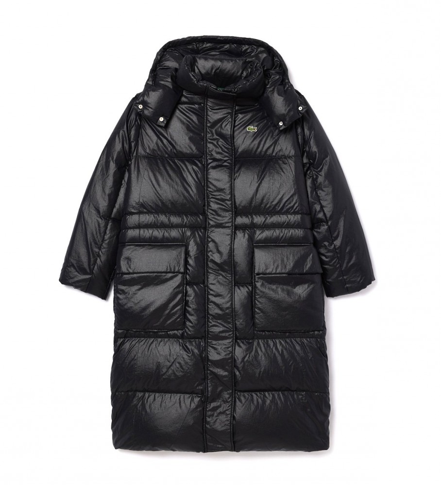 Jaqueta longa Lacoste oversized de plumas com cintura ajustável, preta.