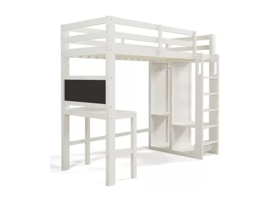 Lit mezzanine 90x200 cm en bois de pin - avec bureau, armoire et étagères - Blanc